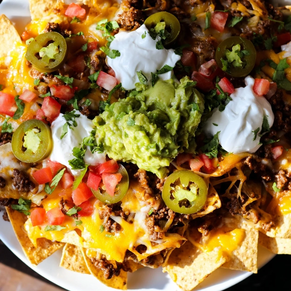 Golden Texas Nachos piled high with melted cheddar, seasoned beef, and colorful fresh toppings