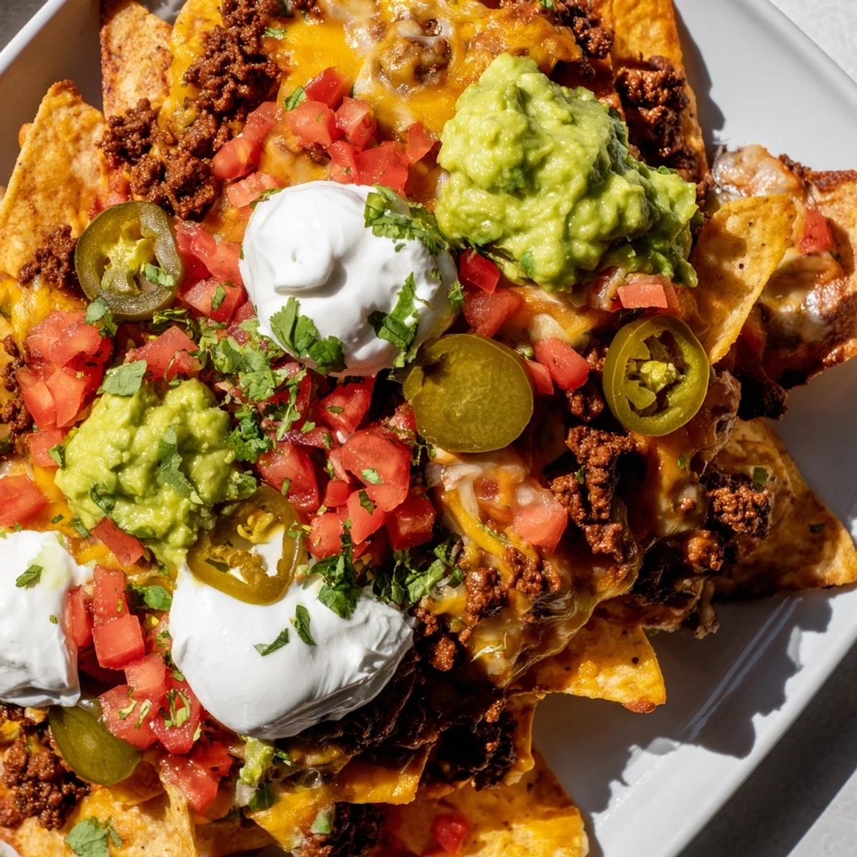 Homemade Texas Nachos featuring layers of crispy chips, spicy ground beef, and bubbly cheese