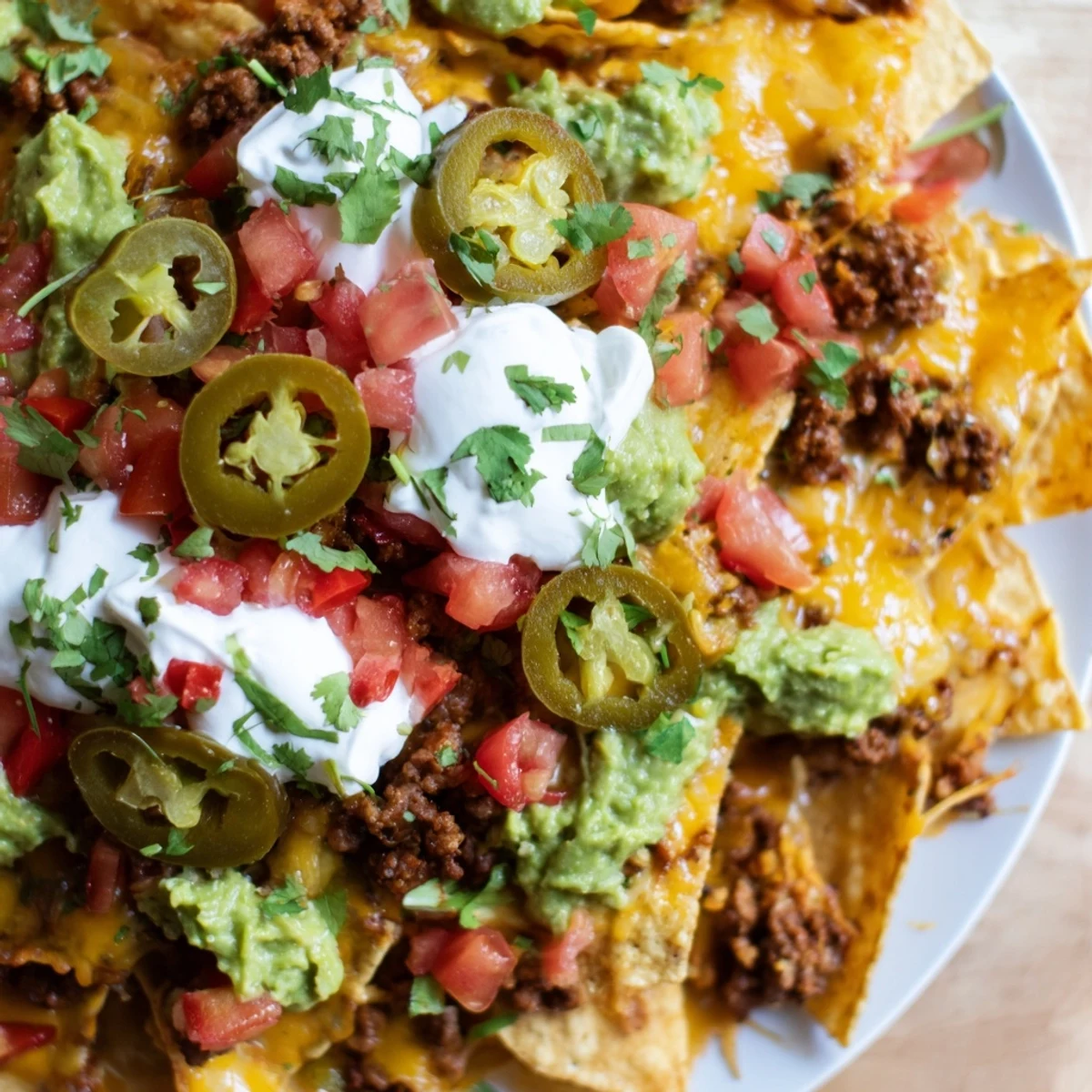 Loaded Texas Nachos topped with diced tomatoes, jalapeños, sour cream, and guacamole