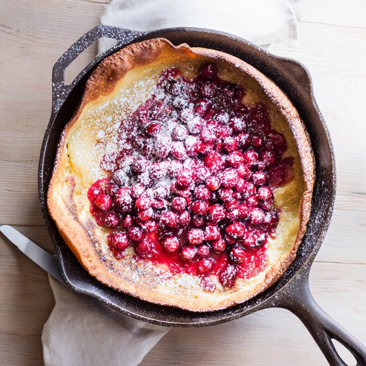 Fluffy oven-baked Dutch Baby served warm with tangy cranberry sauce and fresh lemon wedges