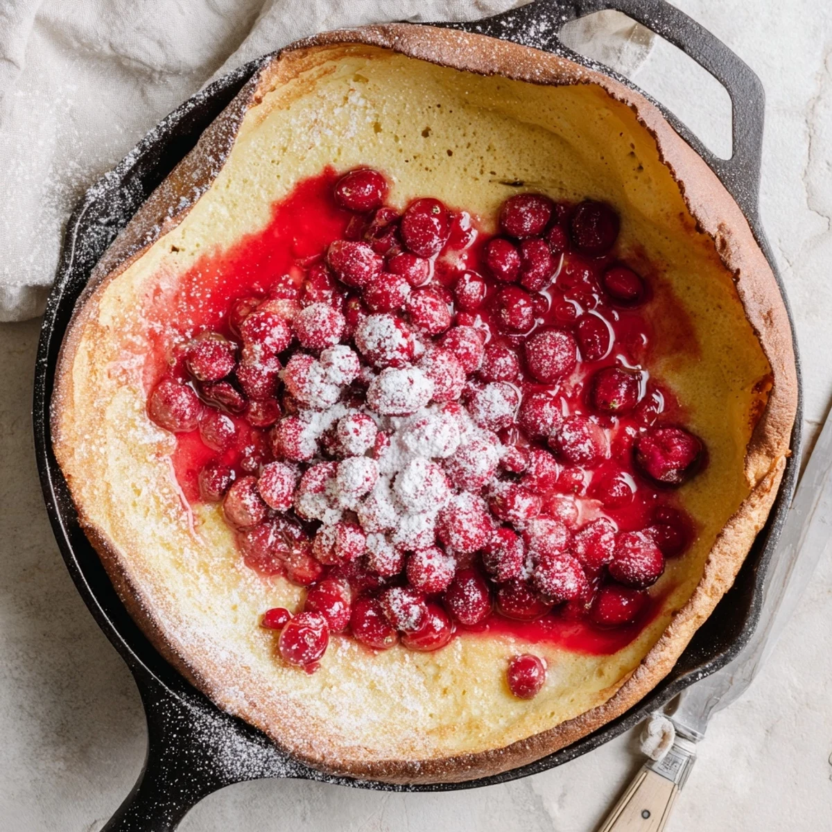 Golden Dutch Baby pancake topped with vibrant red cranberry compote and dusted powdered sugar