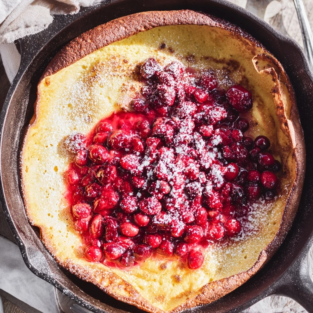 Puffed golden Dutch Baby drizzled with sweet tart cranberry compote for a delicious brunch centerpiece