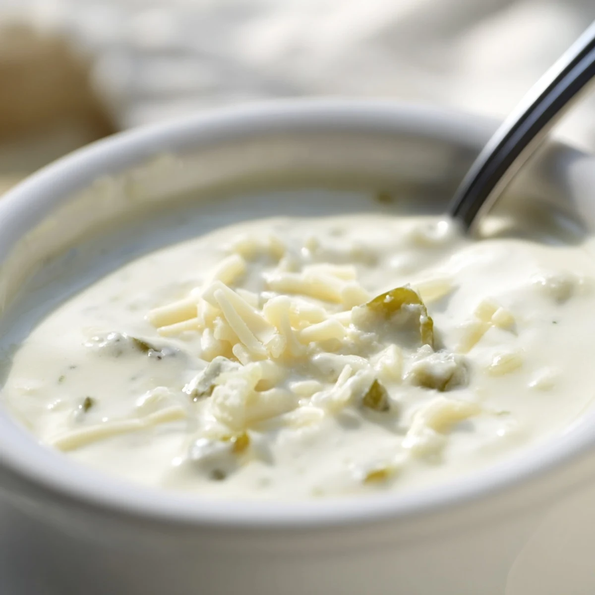 Rich and creamy white queso dip with melting cheese and vibrant diced green chilies in a bowl