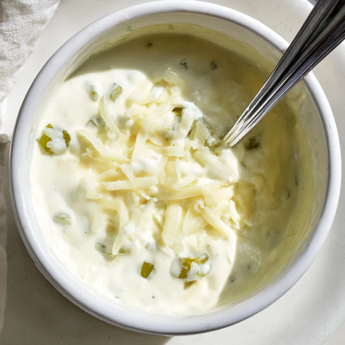 Golden white queso dip bubbling in a saucepan, whisked to smooth perfection with diced jalapeños