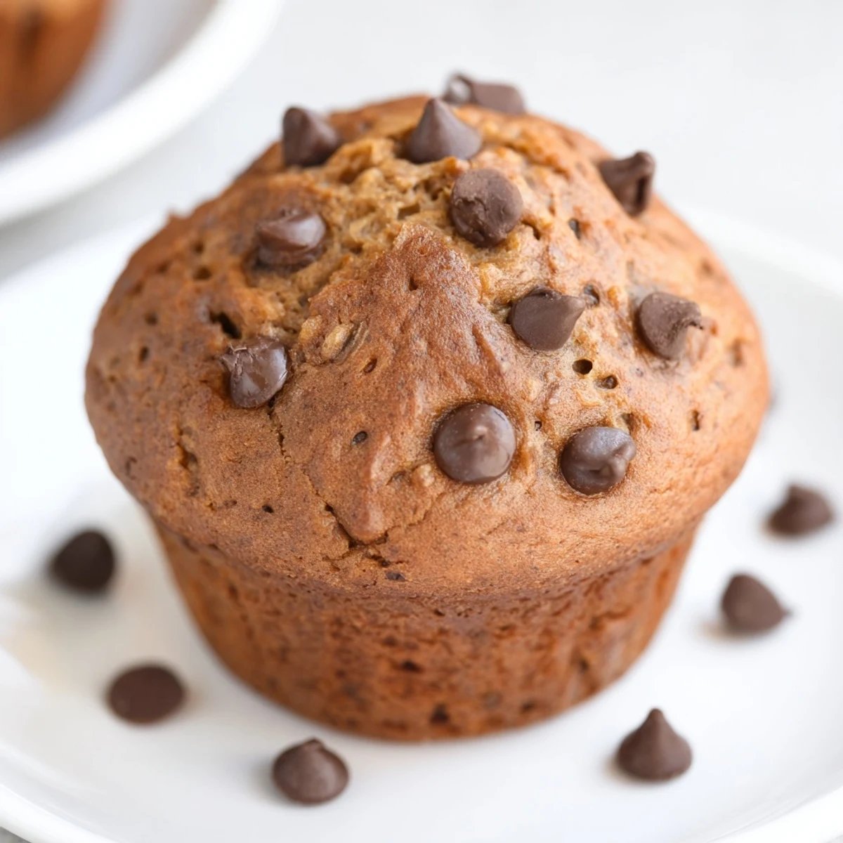 Golden brown banana chocolate chip muffins with melty chocolate chunks on top