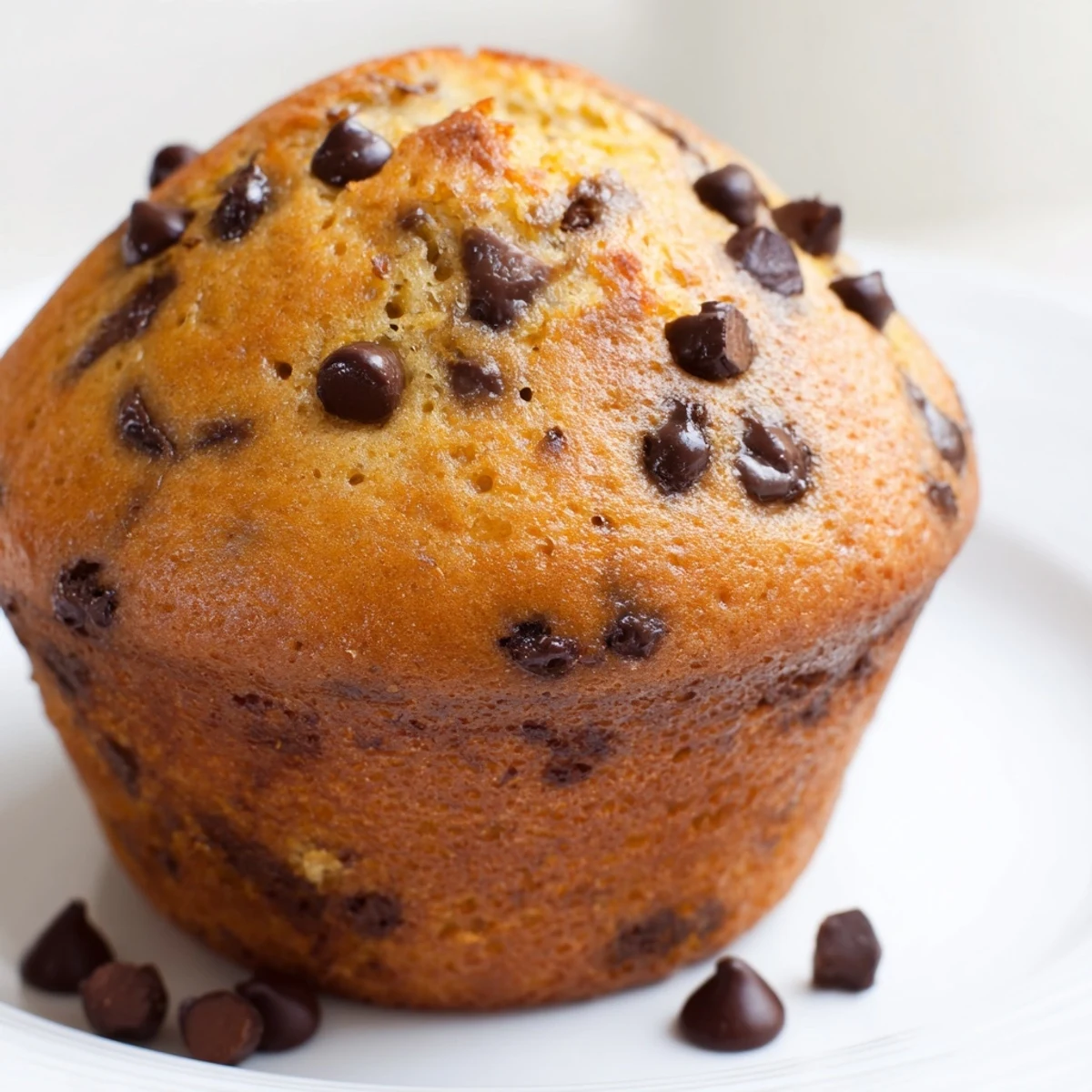 Freshly baked banana chocolate chip muffins cooling on wire rack with speckled chocolate