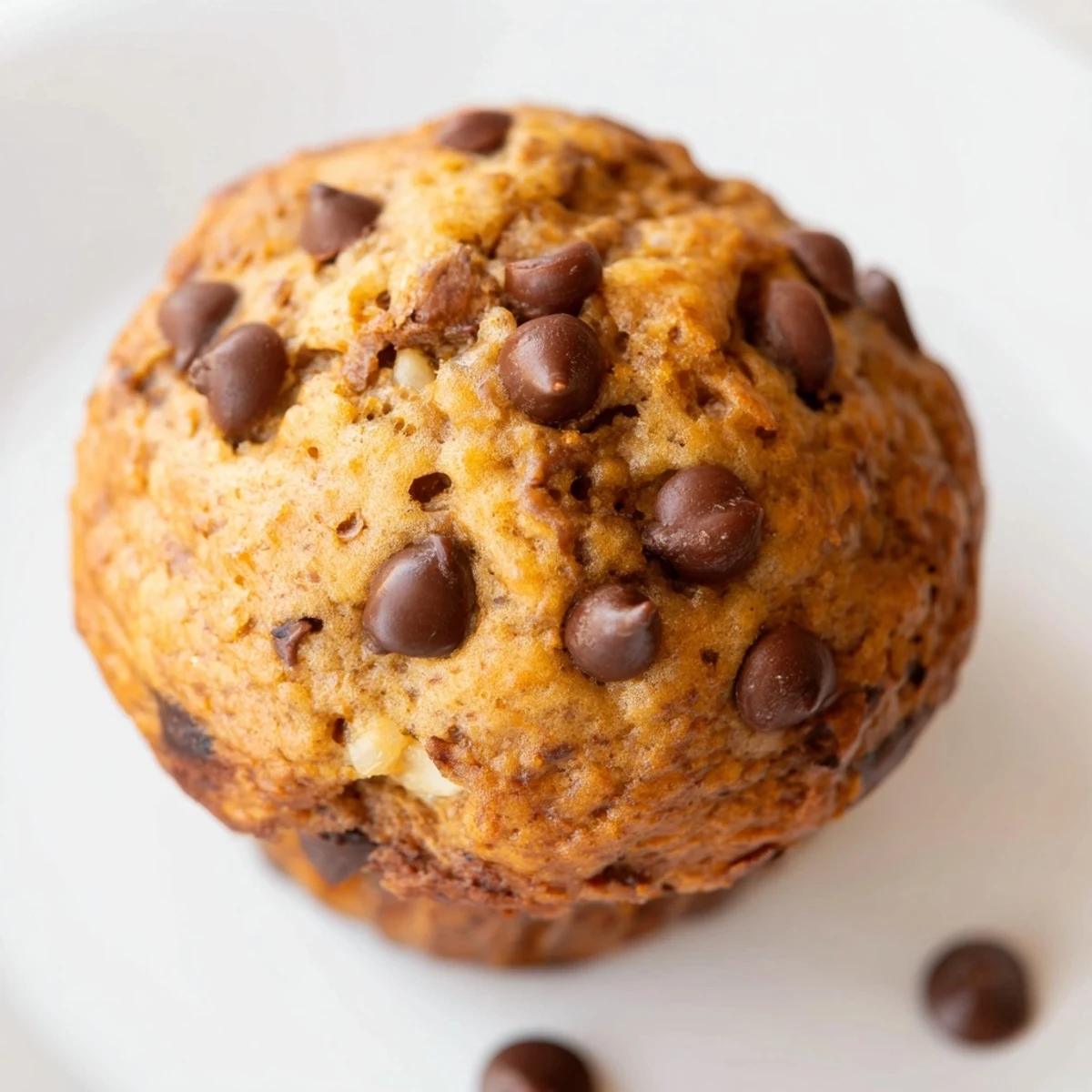 Moist banana chocolate chip muffins recipe with golden domed tops and chocolate pieces