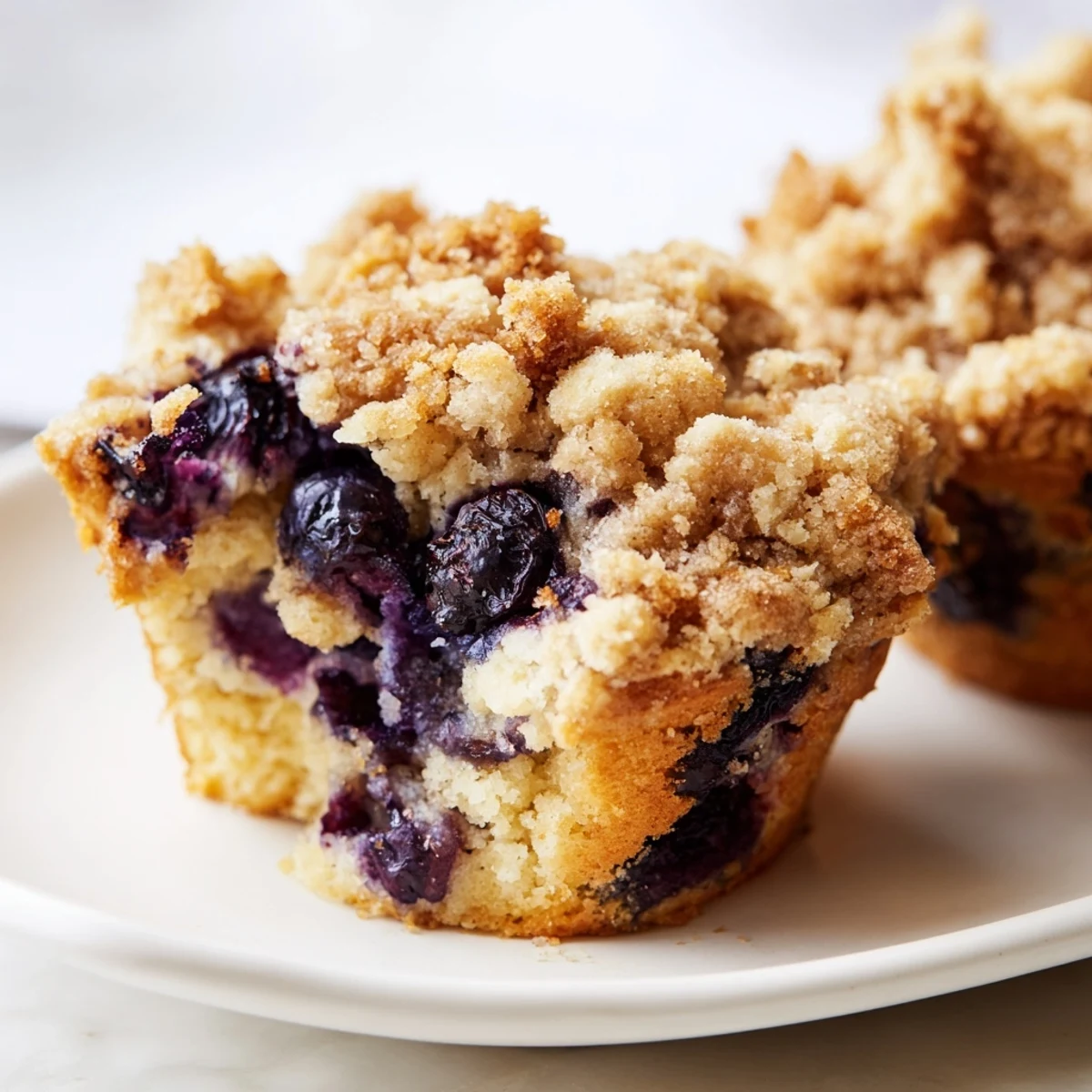 Soft blueberry muffin cookies topped with buttery cinnamon streusel on a white plate