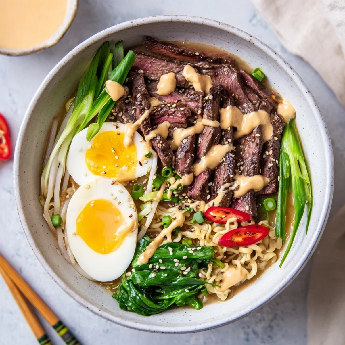 Steaming bowl of spicy beef ramen featuring creamy garlic sauce, soft-boiled egg, and fresh green onions
