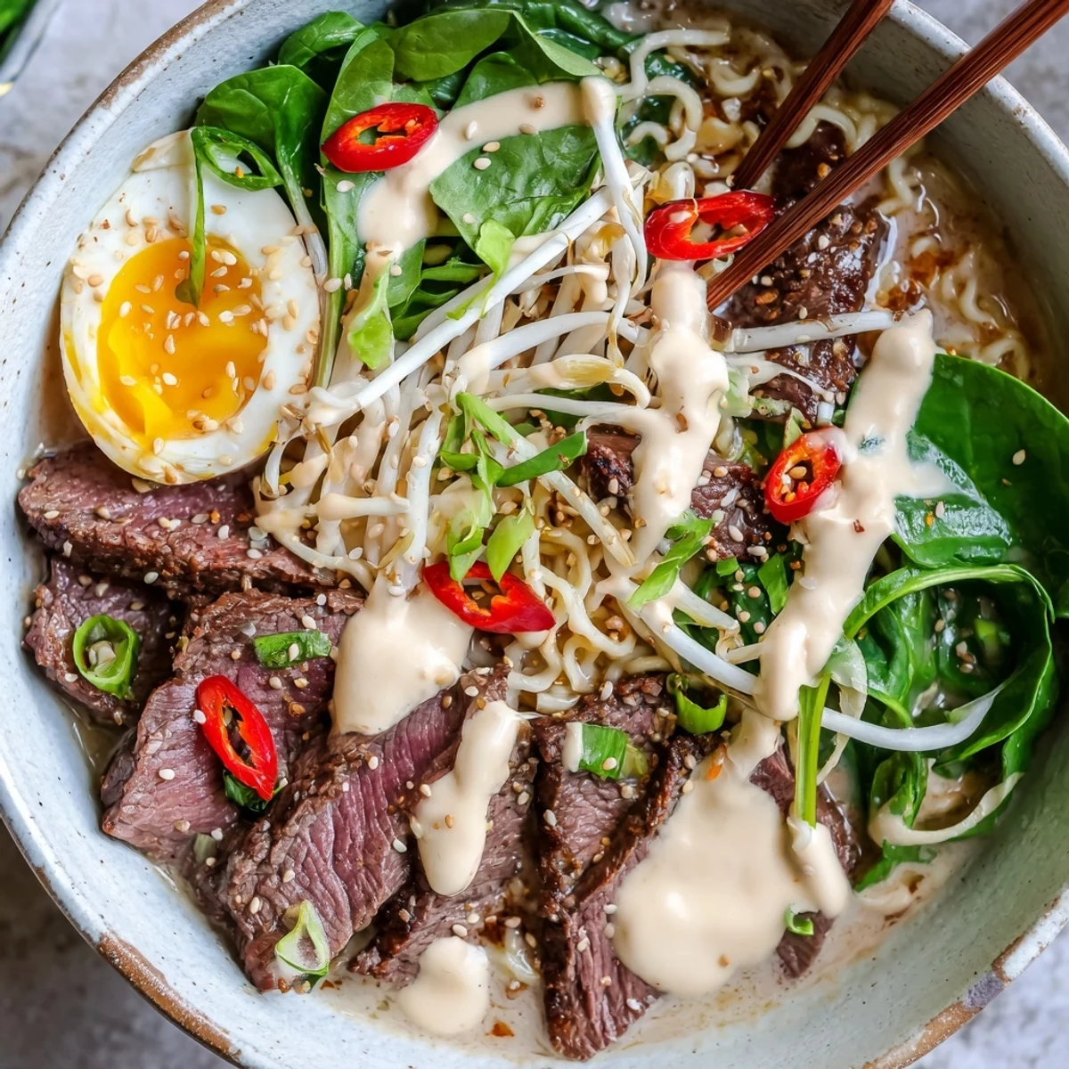 Japanese fusion ramen bowl with tender spicy beef slices, rich garlic cream sauce, and colorful vegetable toppings