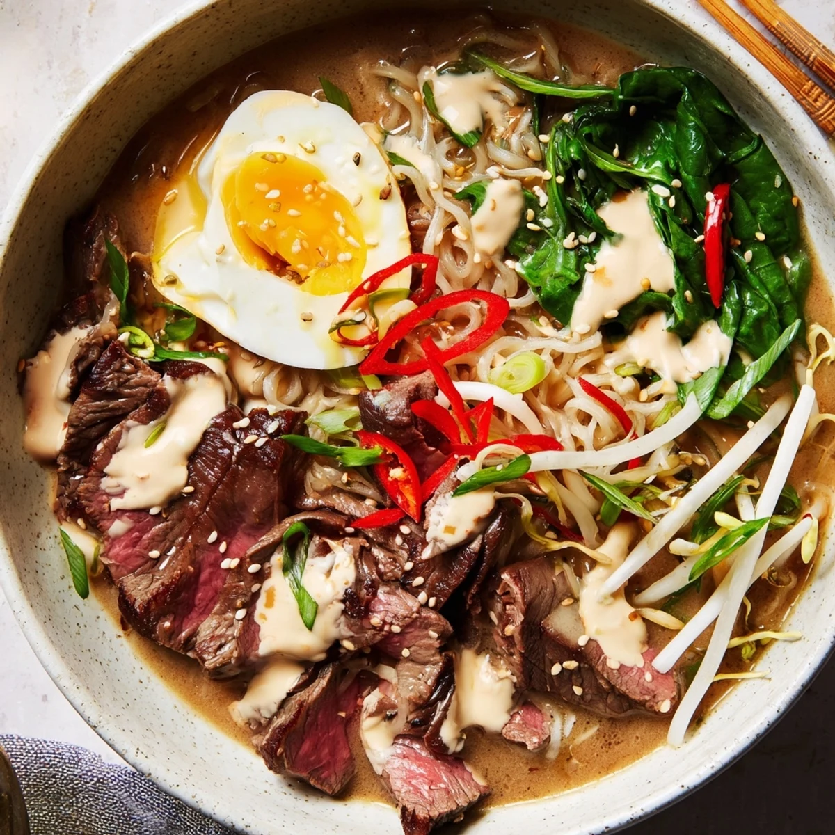 Comforting spicy beef ramen in creamy garlic broth topped with bean sprouts, sesame seeds, and soft-boiled eggs