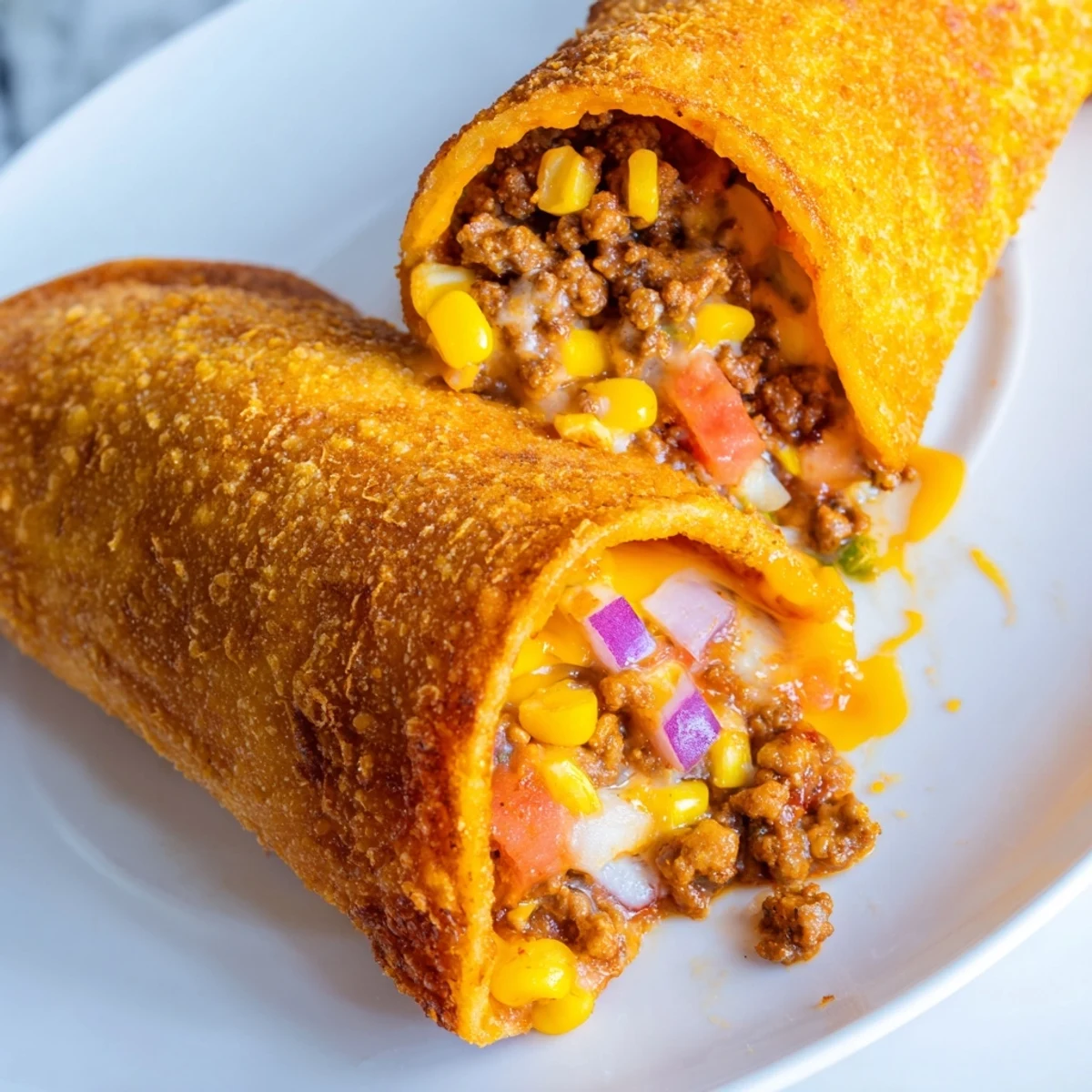Golden crispy spicy Mexican taco pockets filled with seasoned beef and melted cheddar cheese