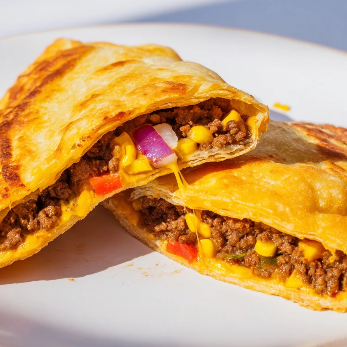 Bubbling spicy crispy Mexican taco pockets featuring savory ground beef and colorful diced vegetables