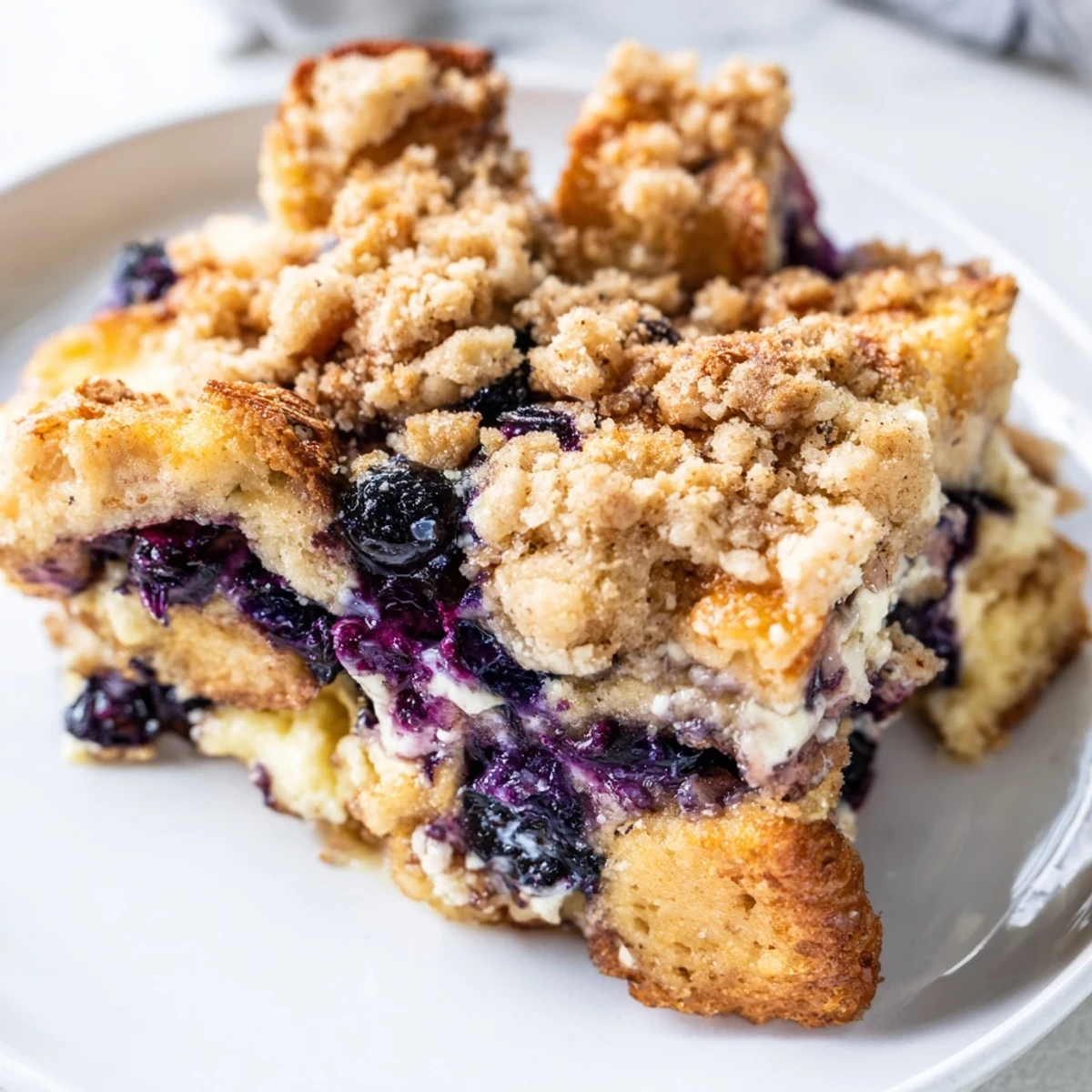 Golden baked Blueberry Cream Cheese French Toast Casserole with cinnamon streusel topping and juicy berry layers