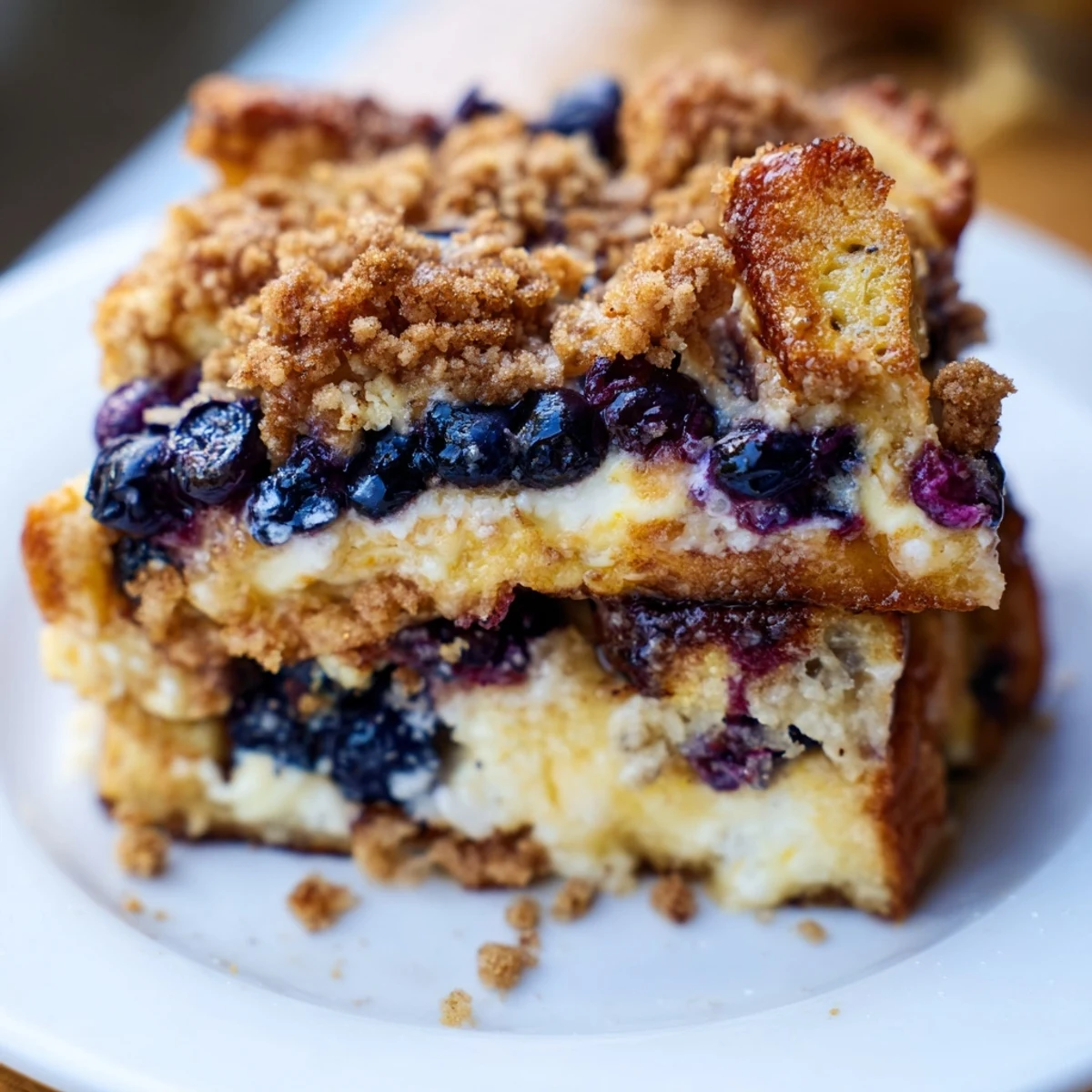 Overhead view of Blueberry Cream Cheese French Toast Casserole fresh from oven, dusted with powdered sugar
