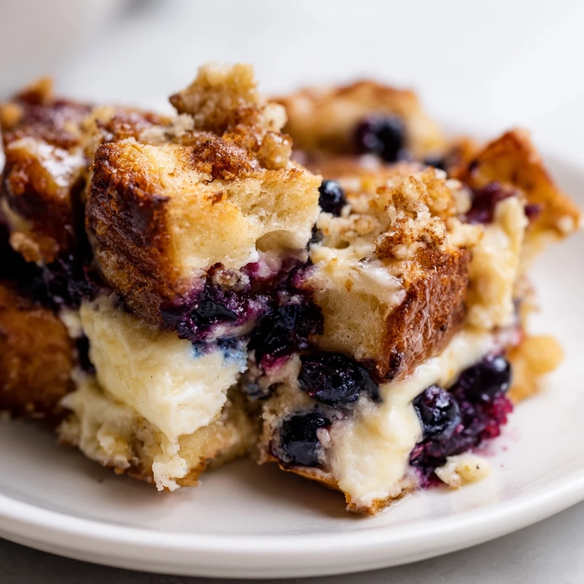 Spoonful of creamy Blueberry Cream Cheese French Toast Casserole showing custard-soaked bread and burst blueberries