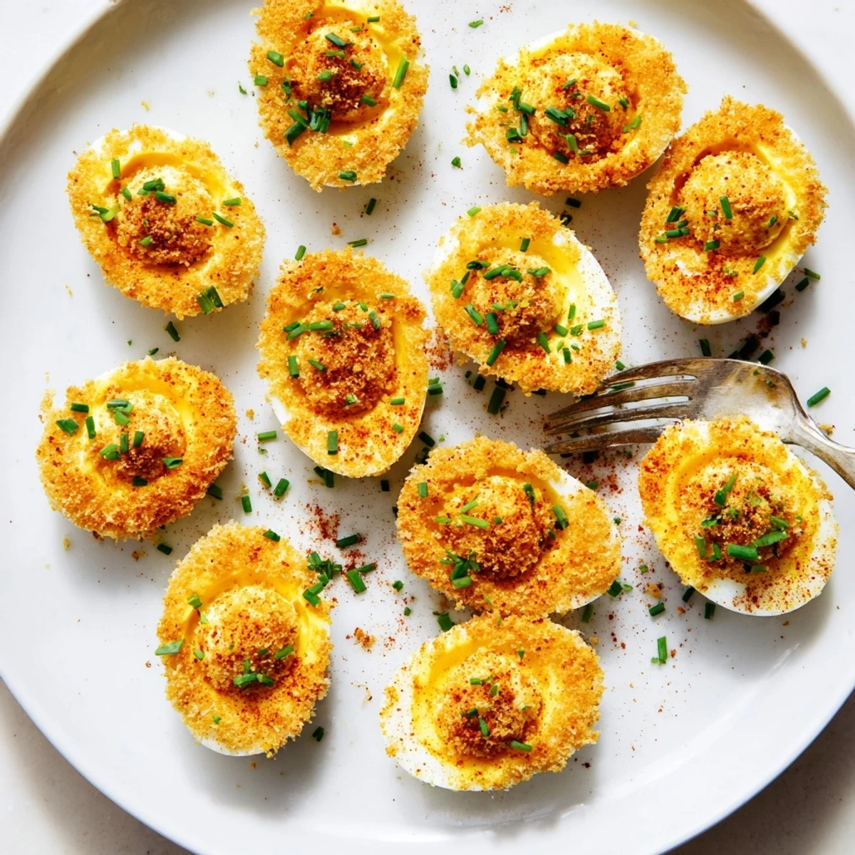 Golden brown fried deviled eggs with crispy panko coating and creamy chive filling