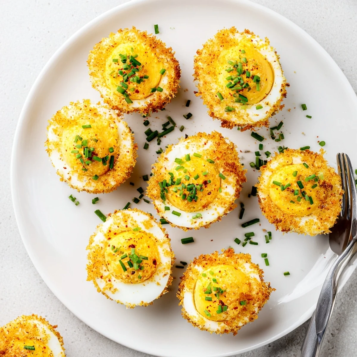 Crispy breaded deviled eggs piping hot with smooth mayonnaise mustard center visible