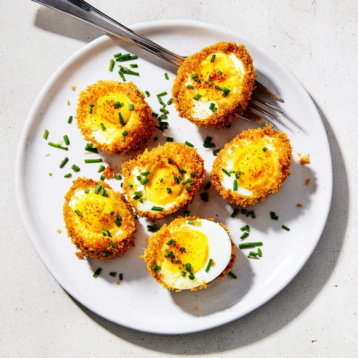 Fried deviled eggs served on white plate, sprinkled with fresh green chive garnish