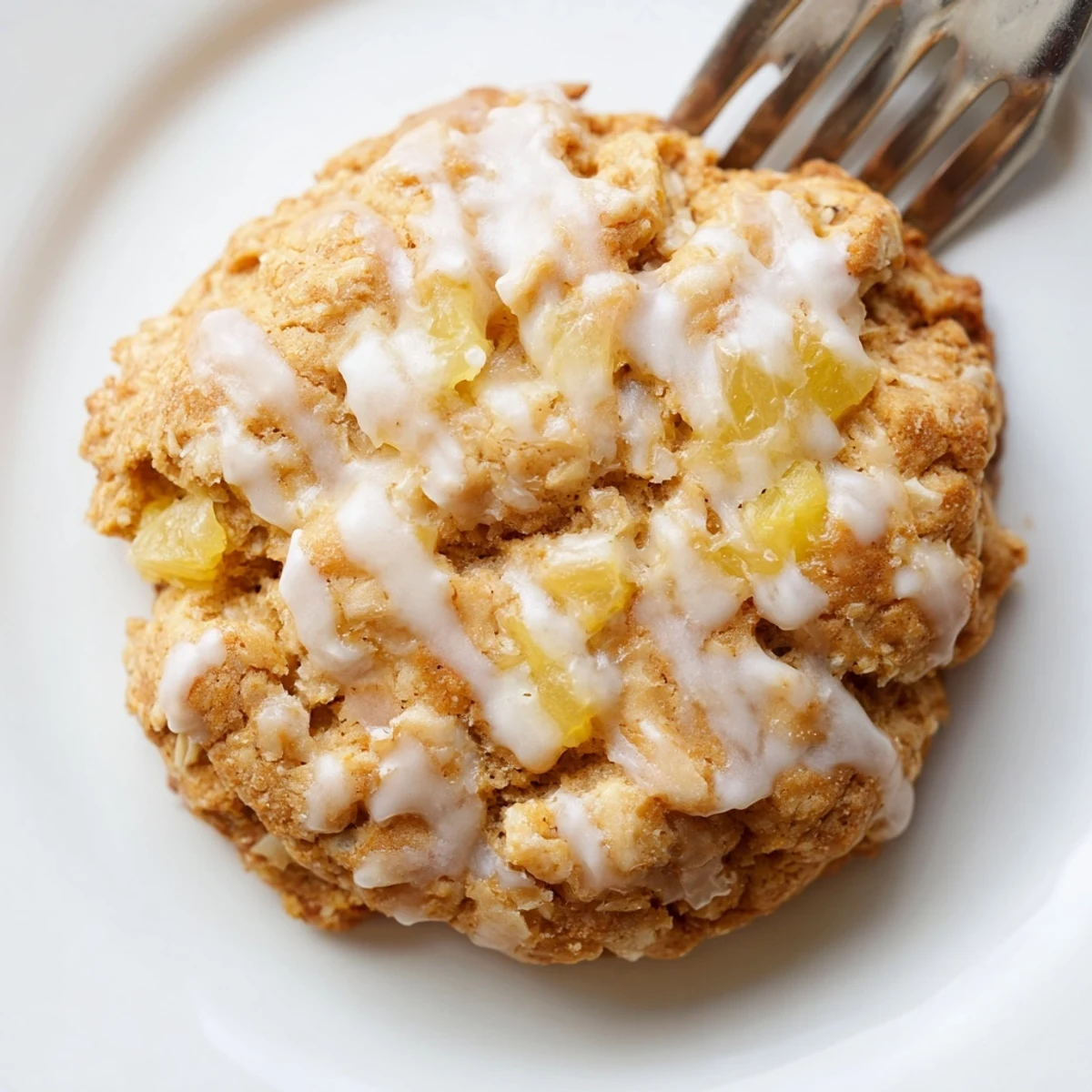 Golden pineapple cookies with sweet pineapple chunks and white glaze on a cooling rack