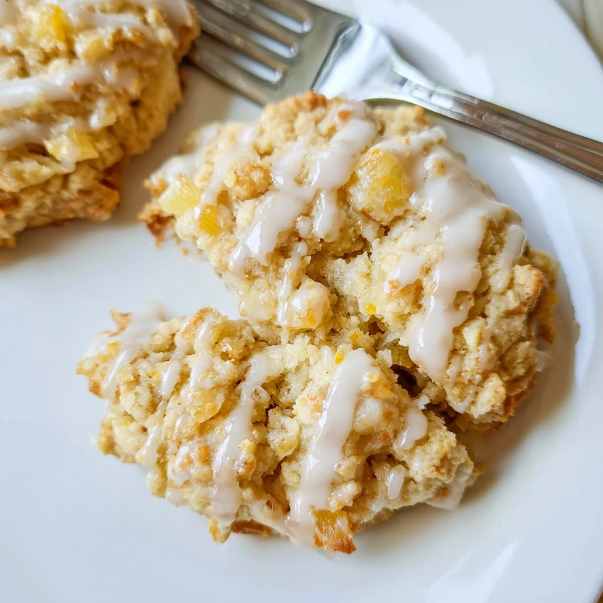 Soft homemade pineapple cookies dotted with fruit and drizzled with sweet pineapple glaze
