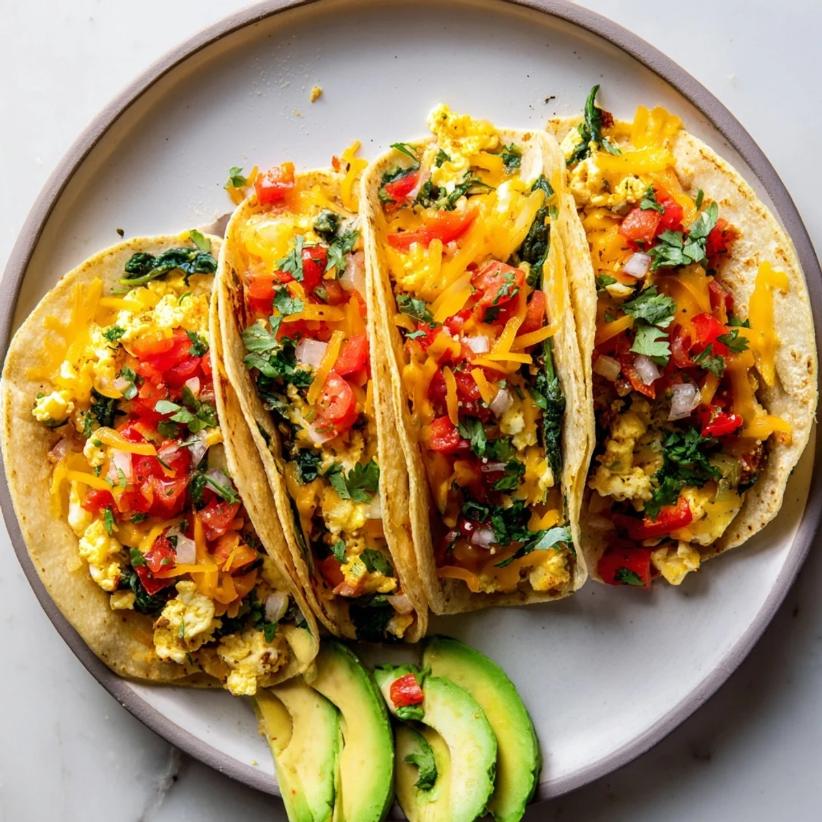 Golden baked breakfast tacos filled with fluffy eggs, melted cheese, and colorful vegetables