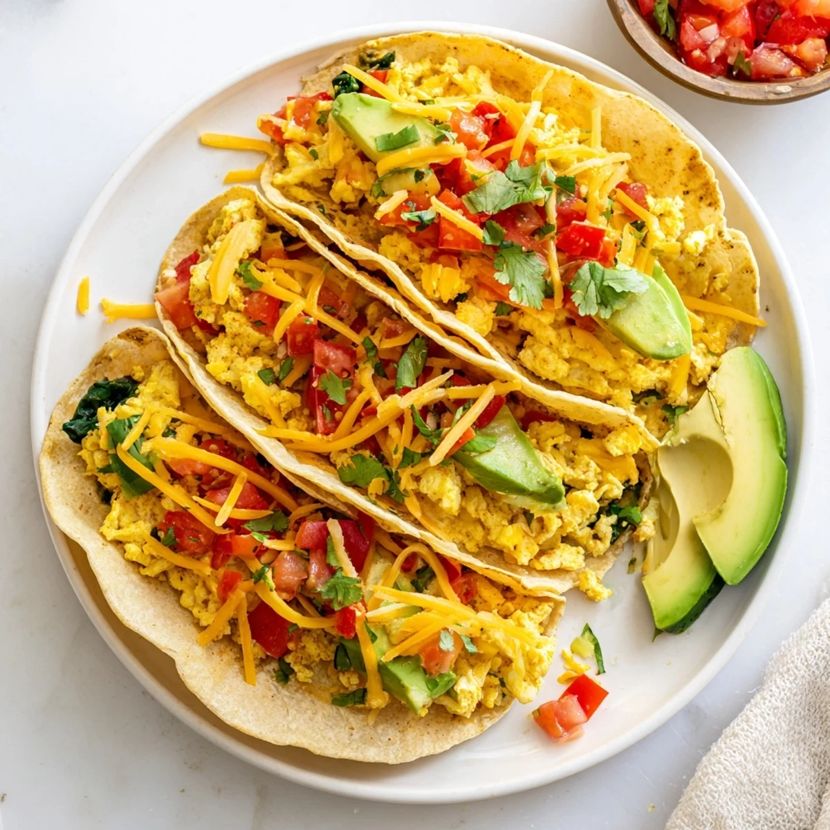 Cheesy breakfast tacos arranged on baking sheet with bubbly cheddar and Monterey Jack cheese