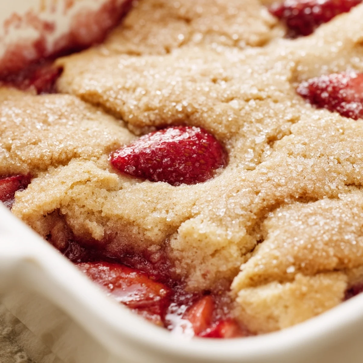 Golden baked fresh strawberry cobbler served warm with melting vanilla ice cream
