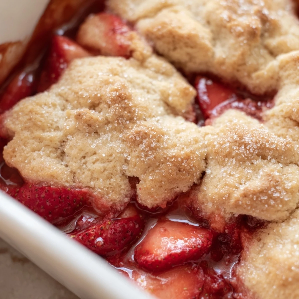 Fresh strawberry cobbler with bubbling red fruit under golden brown biscuit topping