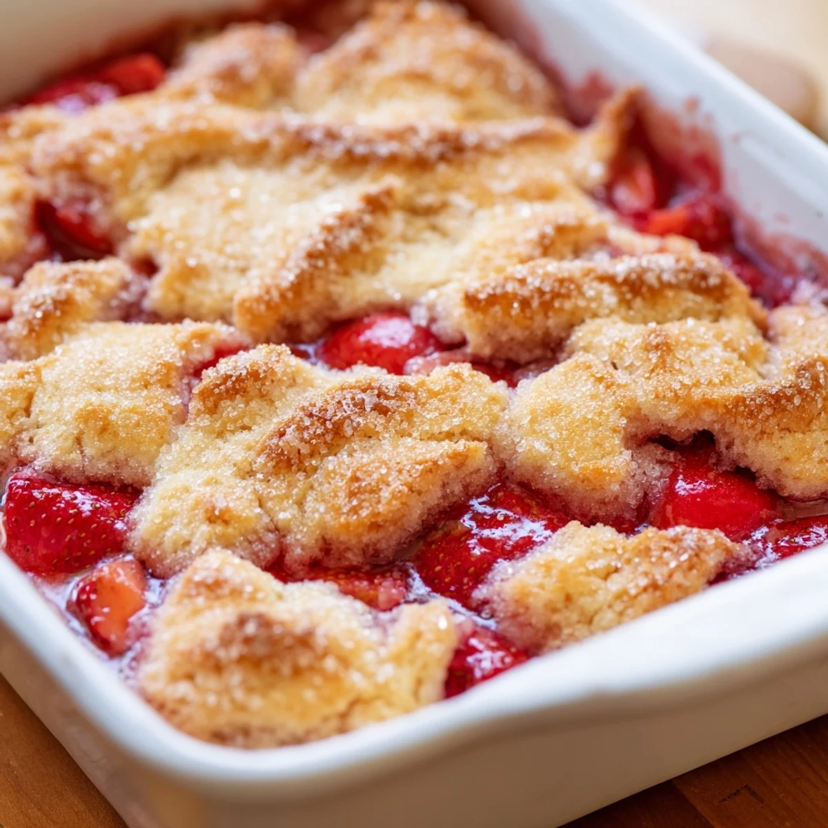 Homemade fresh strawberry cobbler featuring juicy berries peeking through flaky pastry crust