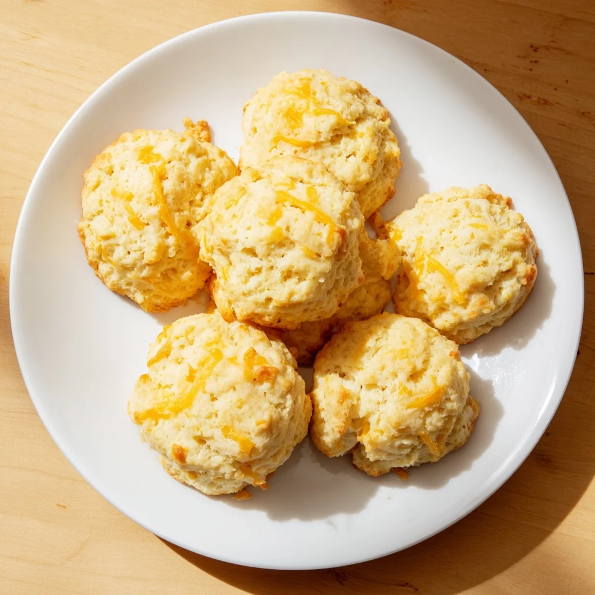 Stack of fluffy high-protein breakfast biscuits brushed with olive oil, served alongside scrambled eggs and fresh herbs