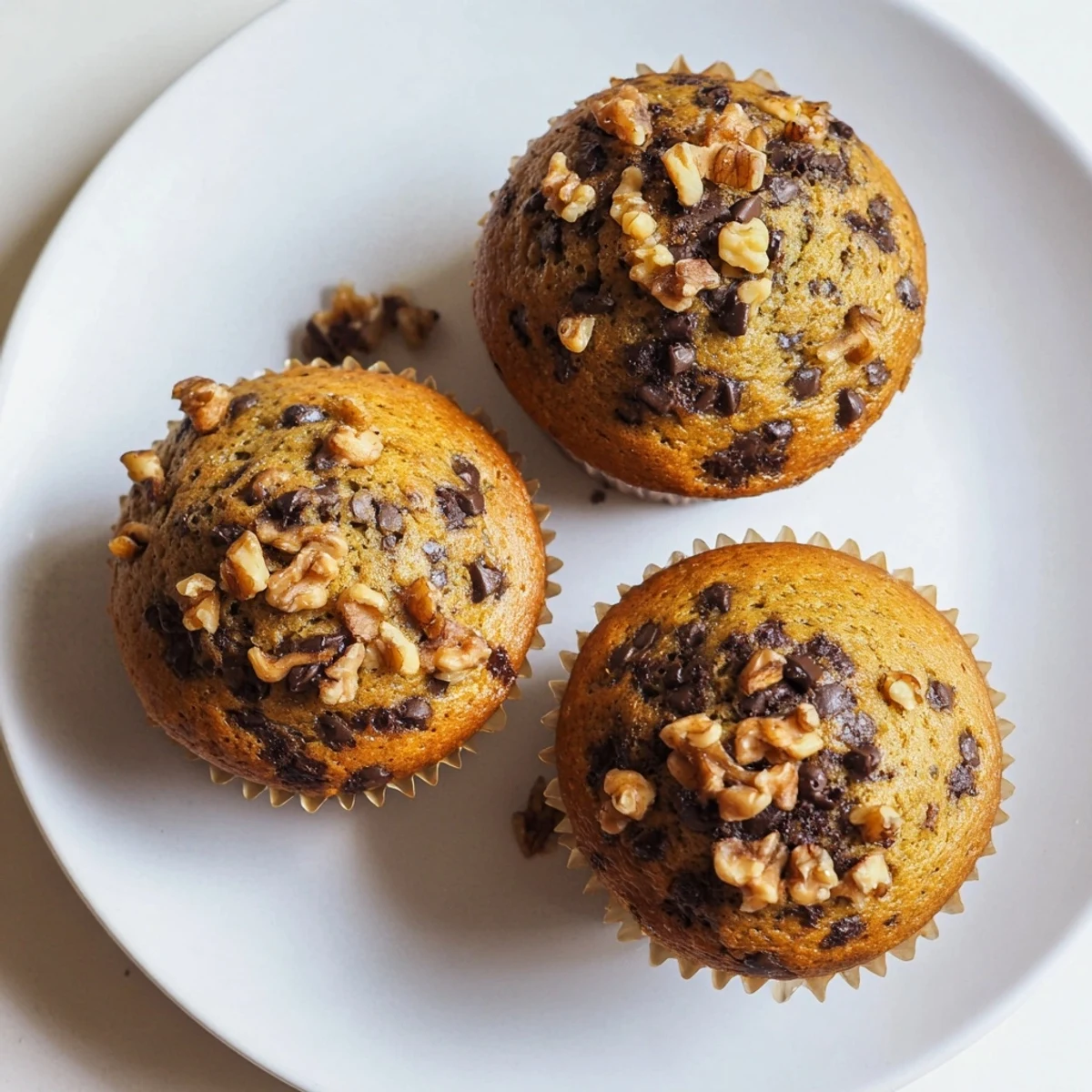 Moist banana espresso chocolate chip muffins topped with chocolate chunks on a white plate