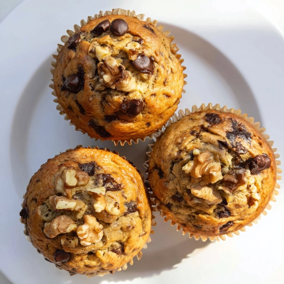 Crumbly banana espresso chocolate chip muffins revealing pockets of melted chocolate inside