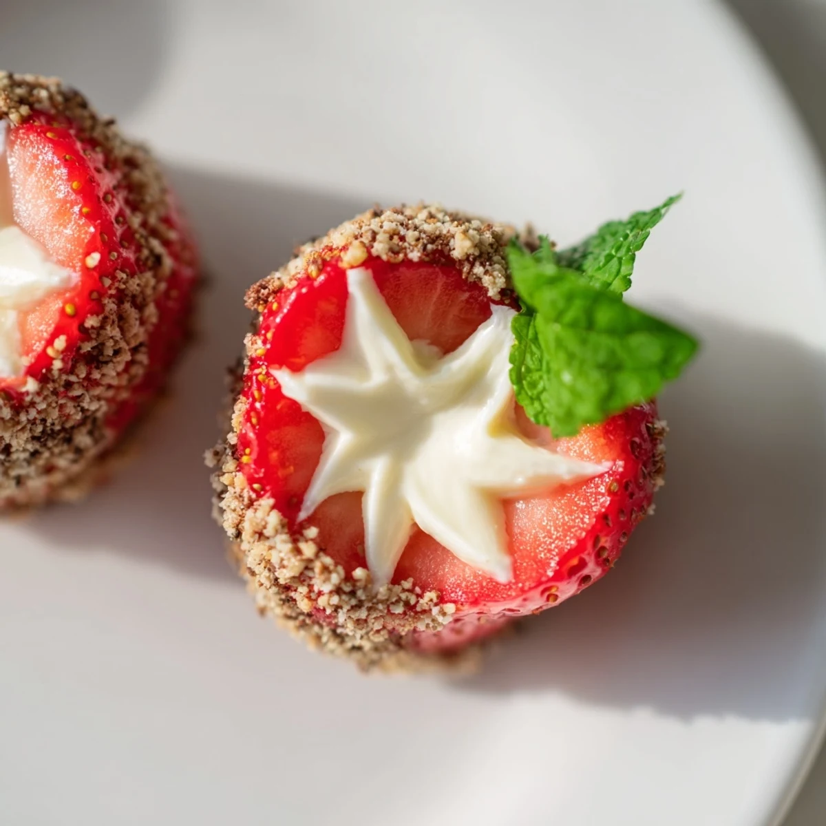 Sweetheart cheesecake deviled strawberries topped with graham cracker crumbs and fresh mint on a white serving plate