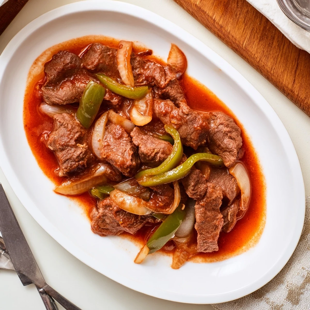 Tender Old Fashioned Swiss Steak with beef braised in rich tomato sauce with vegetables