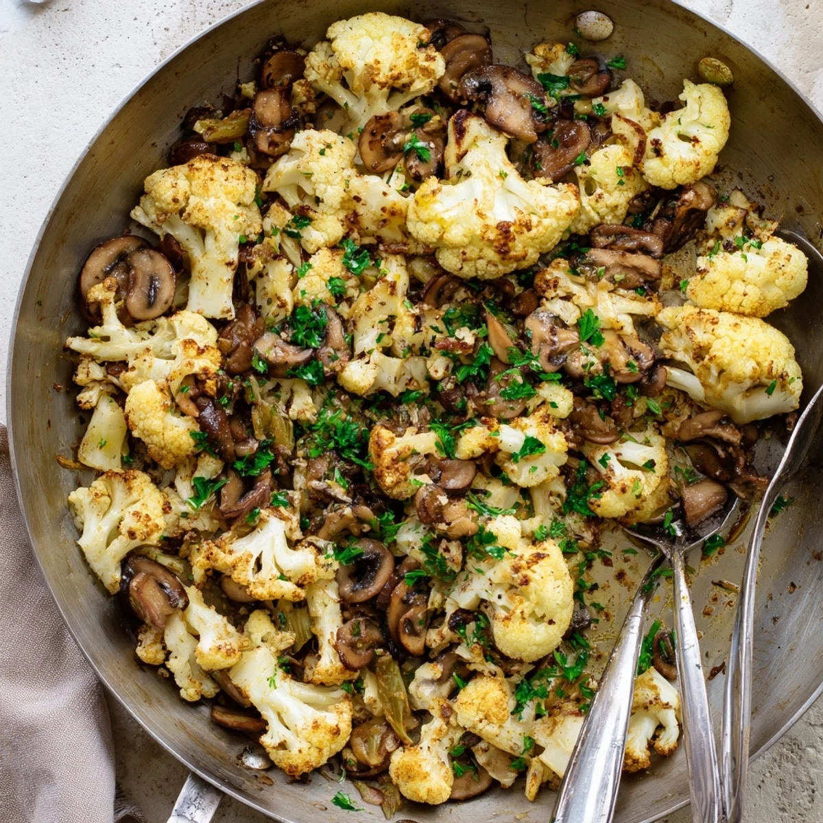 Tender cauliflower florets and sliced mushrooms cooked in a savory garlic herb skillet