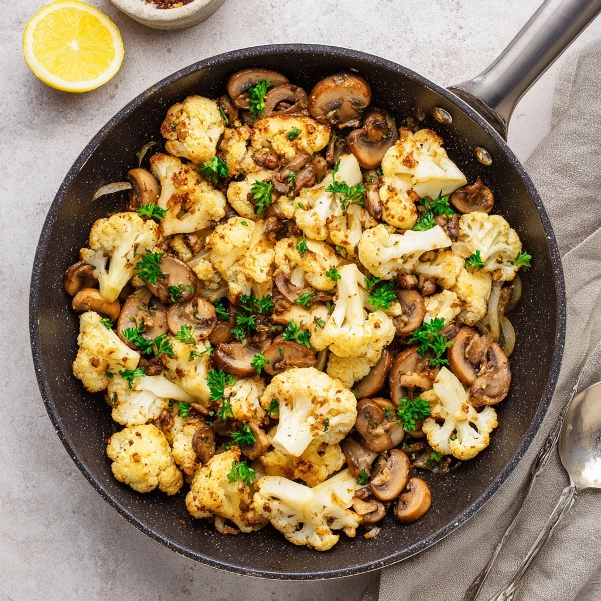 Golden brown garlic mushrooms and cauliflower skillet sizzling with fresh herbs and lemon