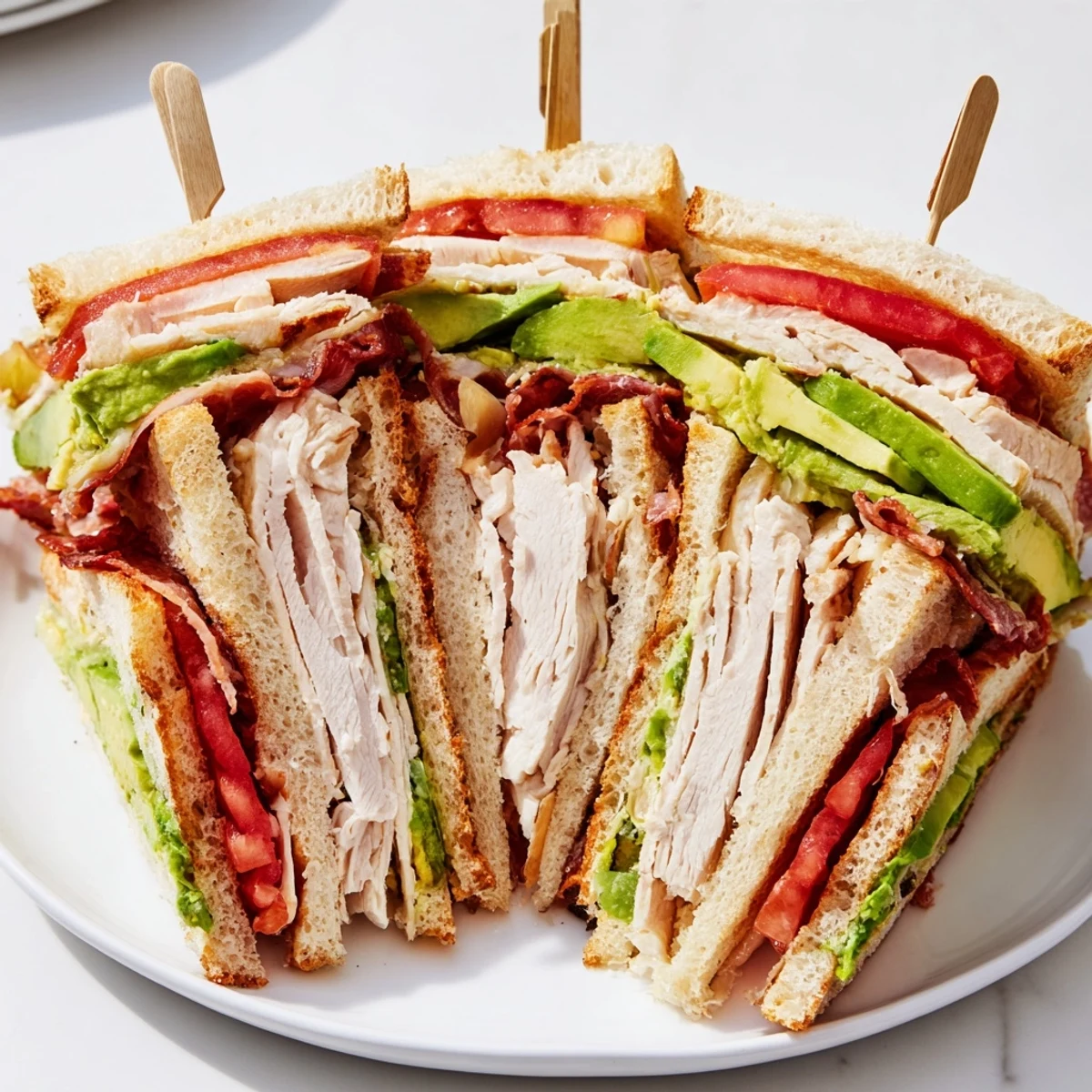 Golden toasted California club sandwich stacked with turkey, bacon, avocado and fresh vegetables