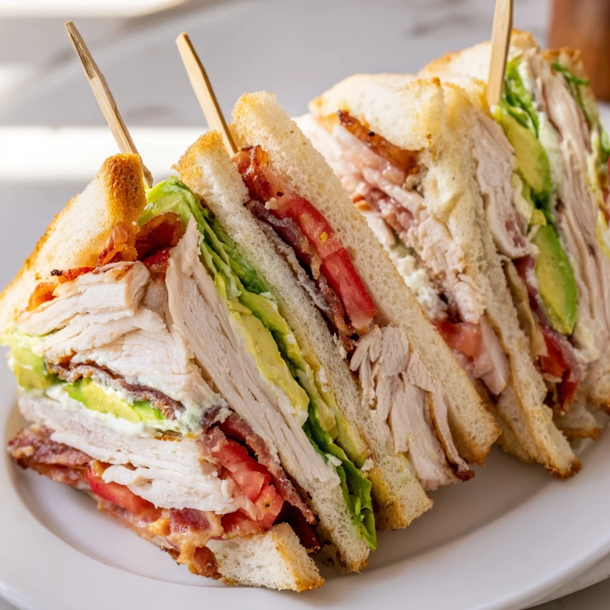 Triple-decker California club sandwich featuring crispy bacon, ripe tomato slices and creamy avocado