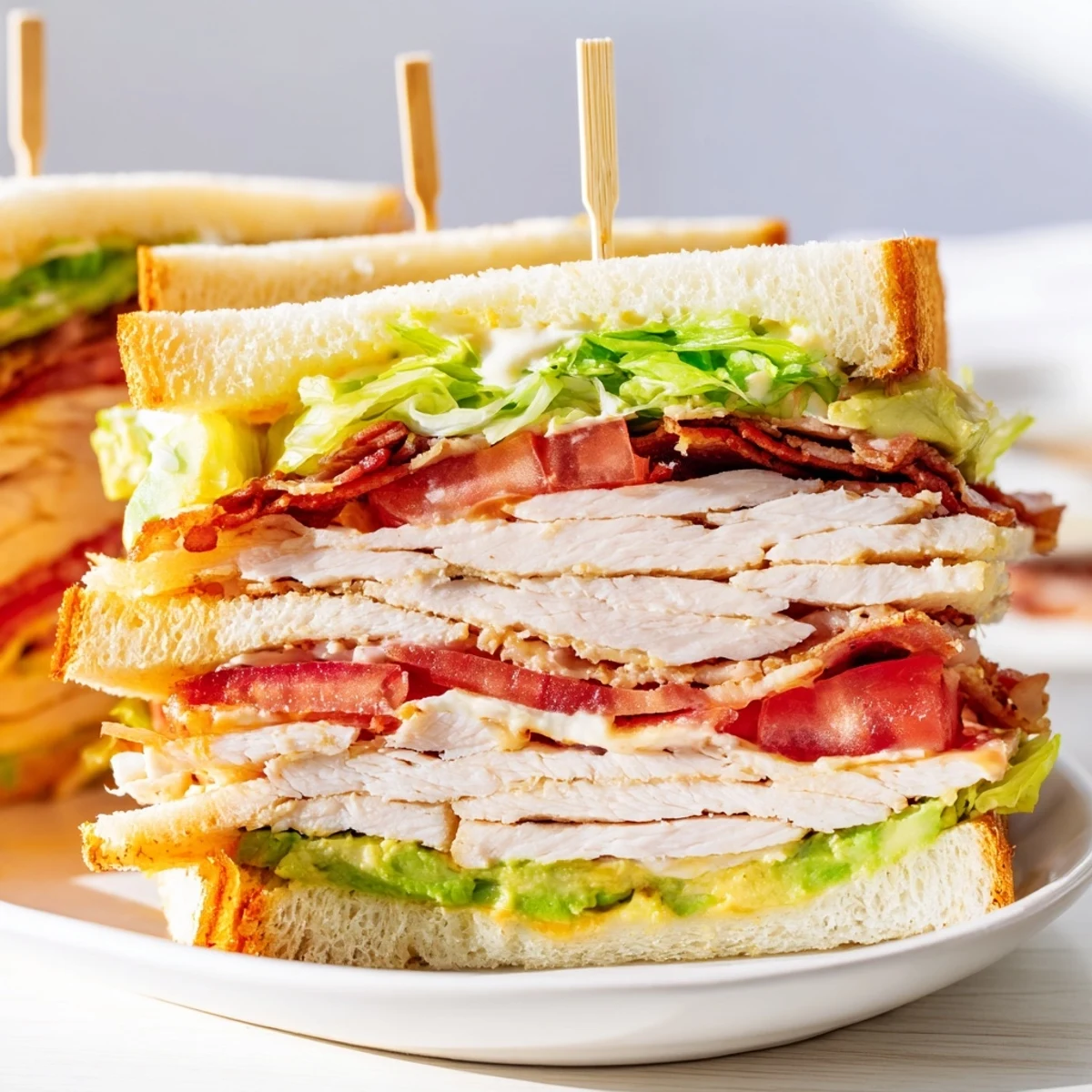 Homemade California club sandwich cut into triangles displaying layers of roasted turkey and crisp lettuce