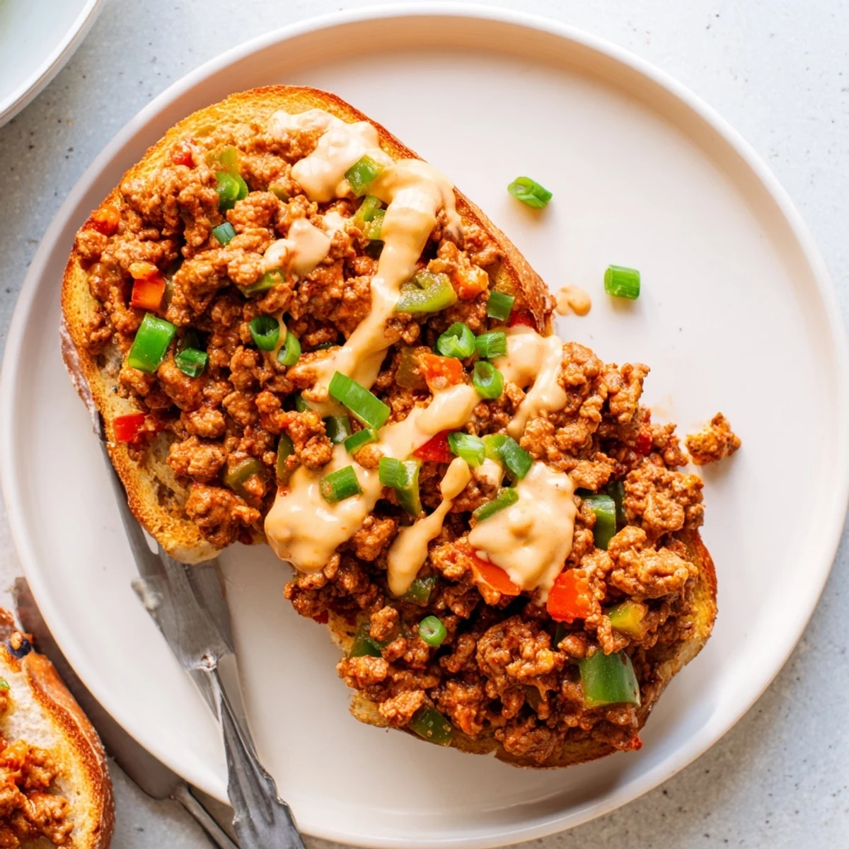 Cajun Chicken Sloppy Joes topped with rich melted cheese sauce on toasted brioche buns