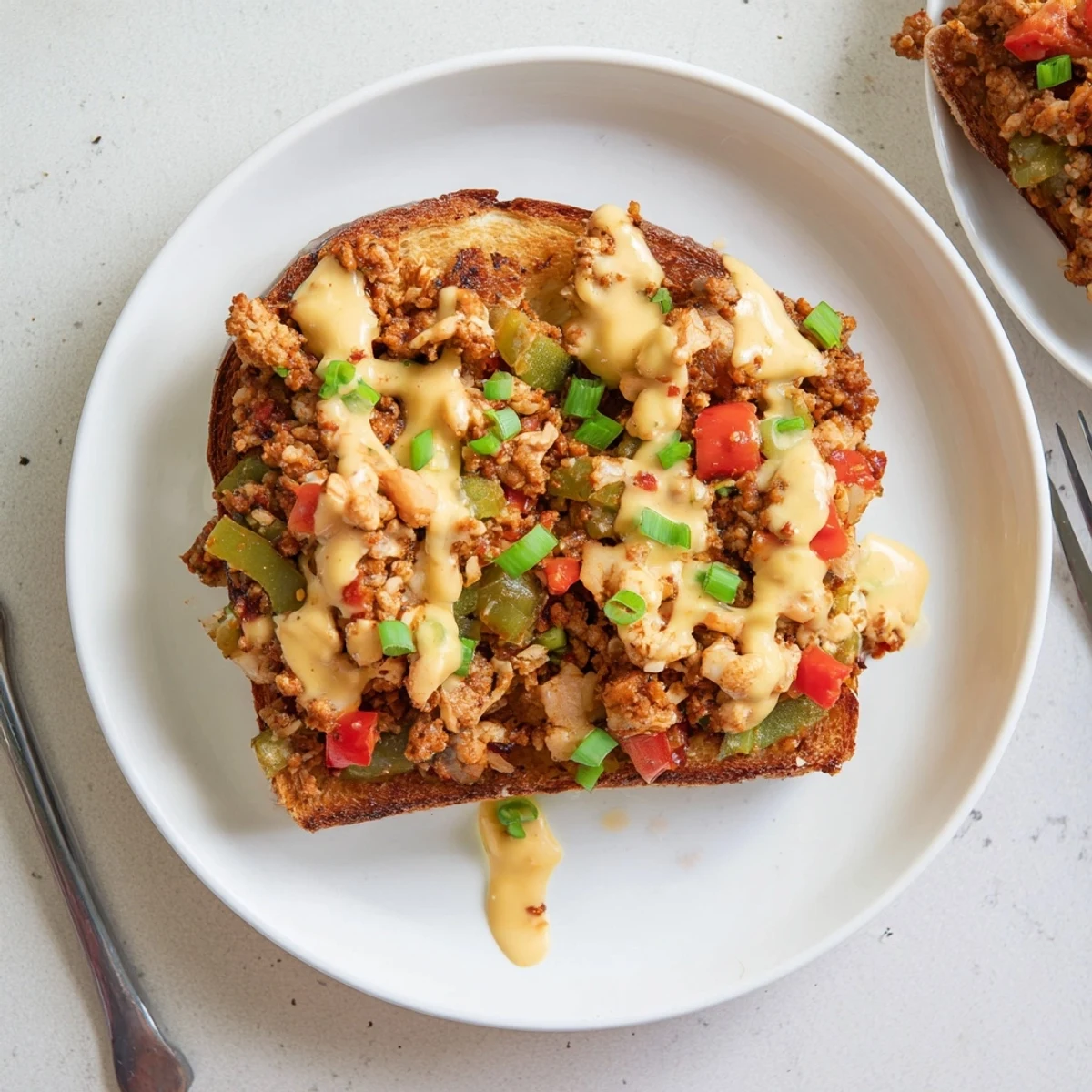 Spicy ground chicken Sloppy Joes smothered in creamy cheddar sauce and fresh green onions