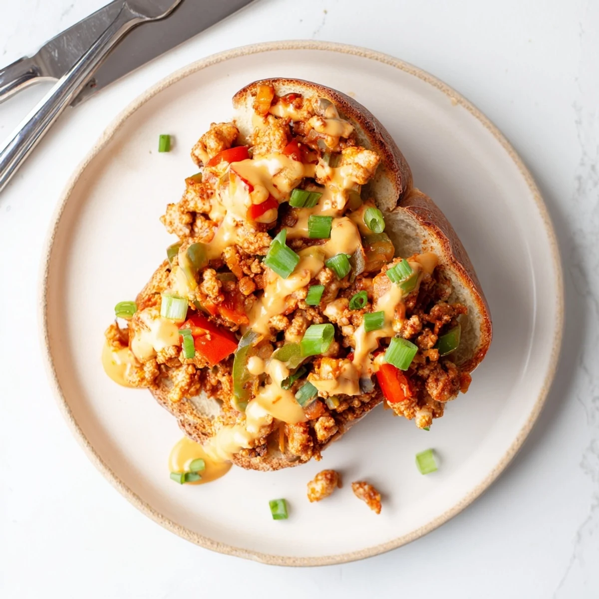 Cajun-seasoned chicken sandwiches piled high with drizzled cheese sauce on soft hamburger buns