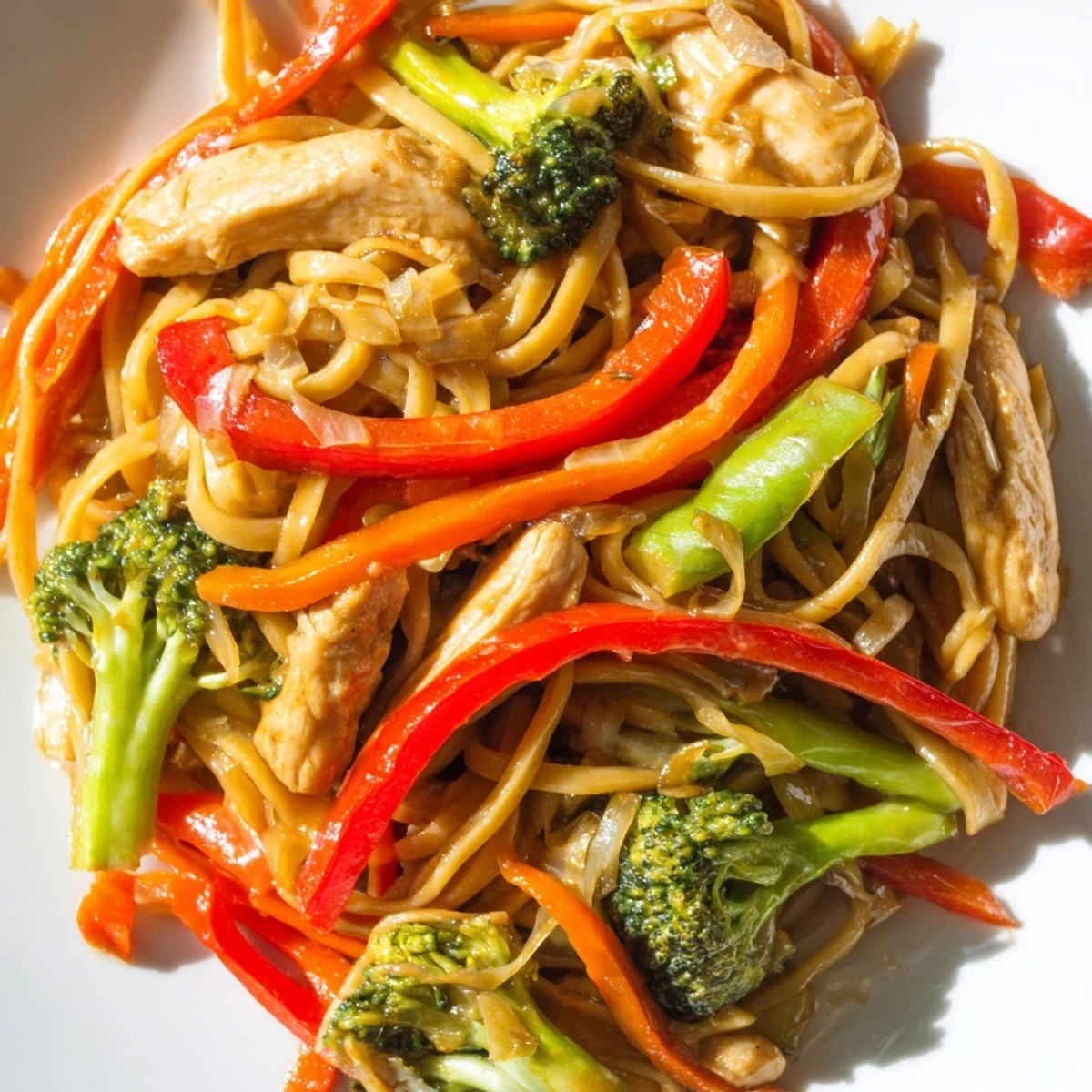 Golden savory garlic chicken lo mein noodles tossed with colorful vegetables in rich garlicky sauce