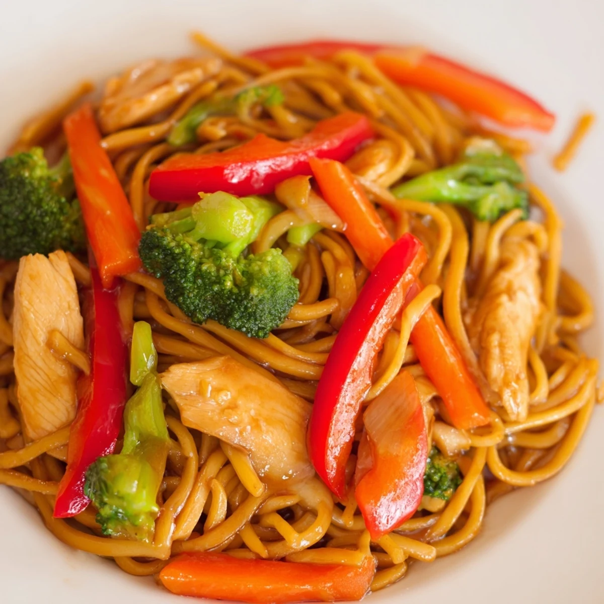 Wok-fried savory garlic chicken lo mein delight coated in glossy dark sauce with vibrant red peppers