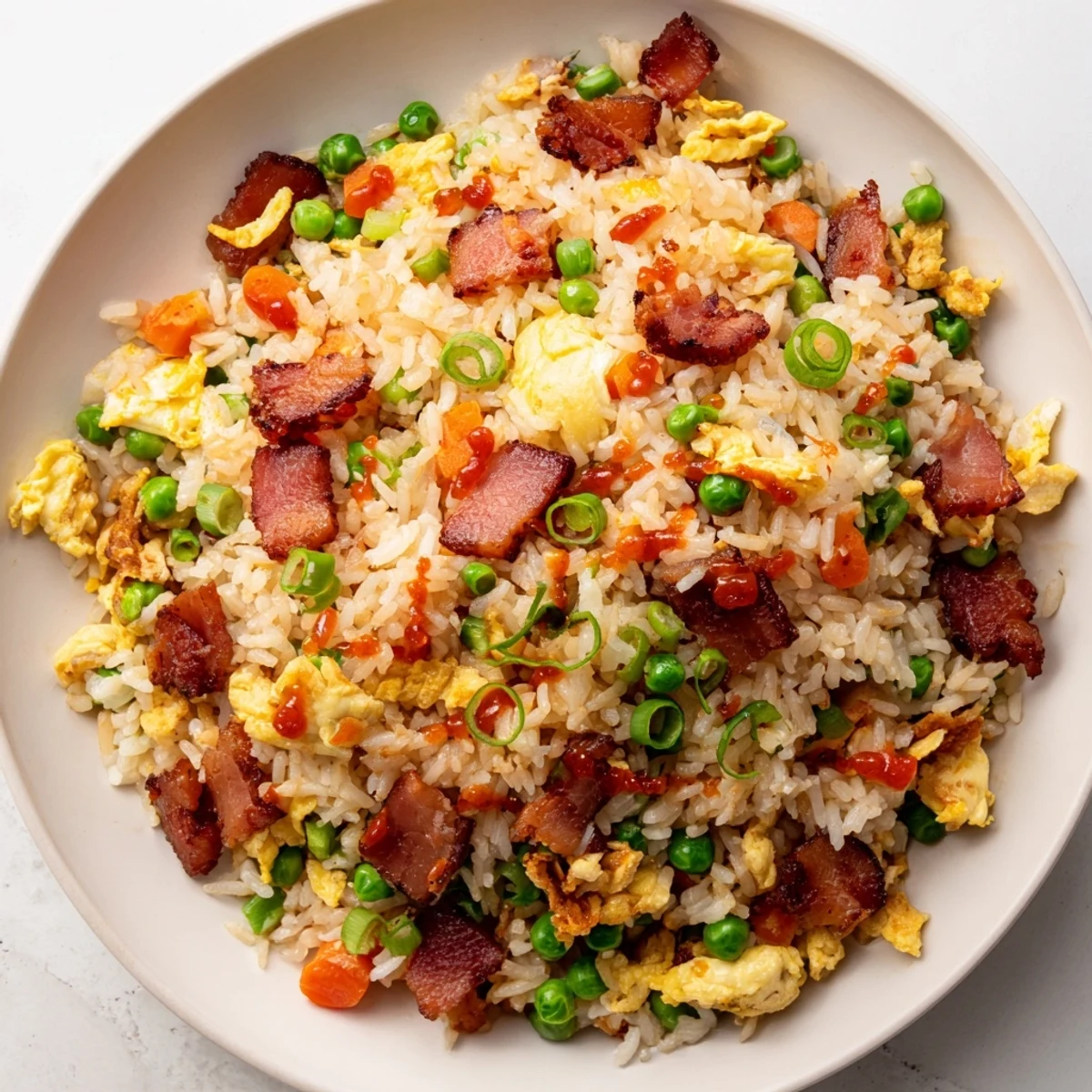 Savory morning breakfast fried rice featuring fluffy jasmine rice vegetables and perfectly cooked scrambled eggs
