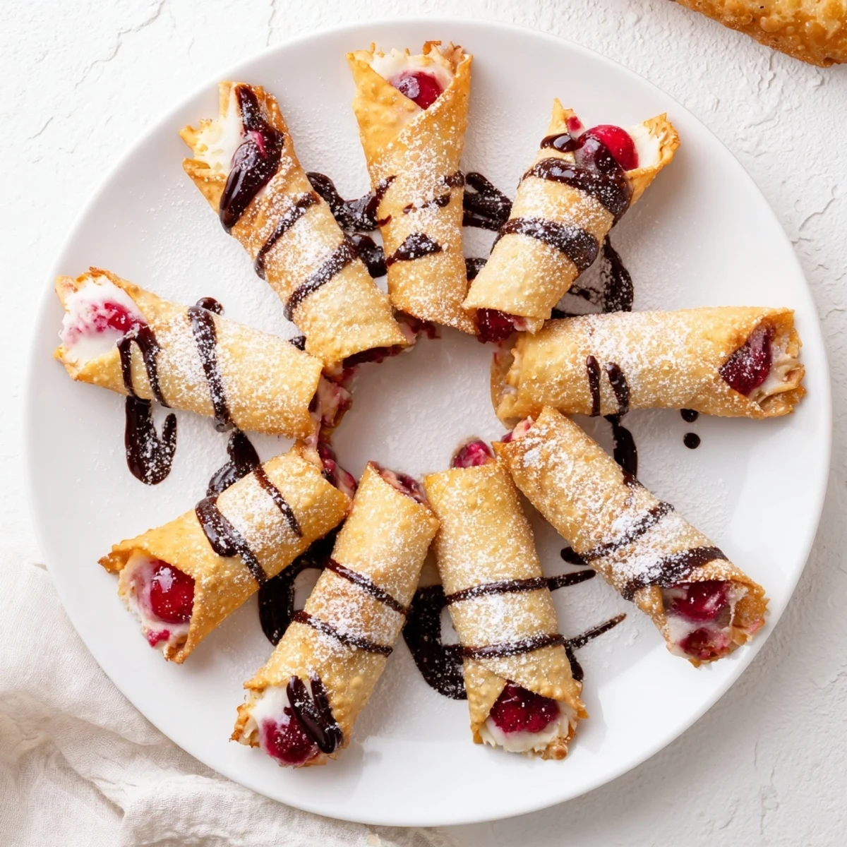 Warm cherry cheesecake egg rolls dusted with powdered sugar and drizzled with sweet chocolate sauce