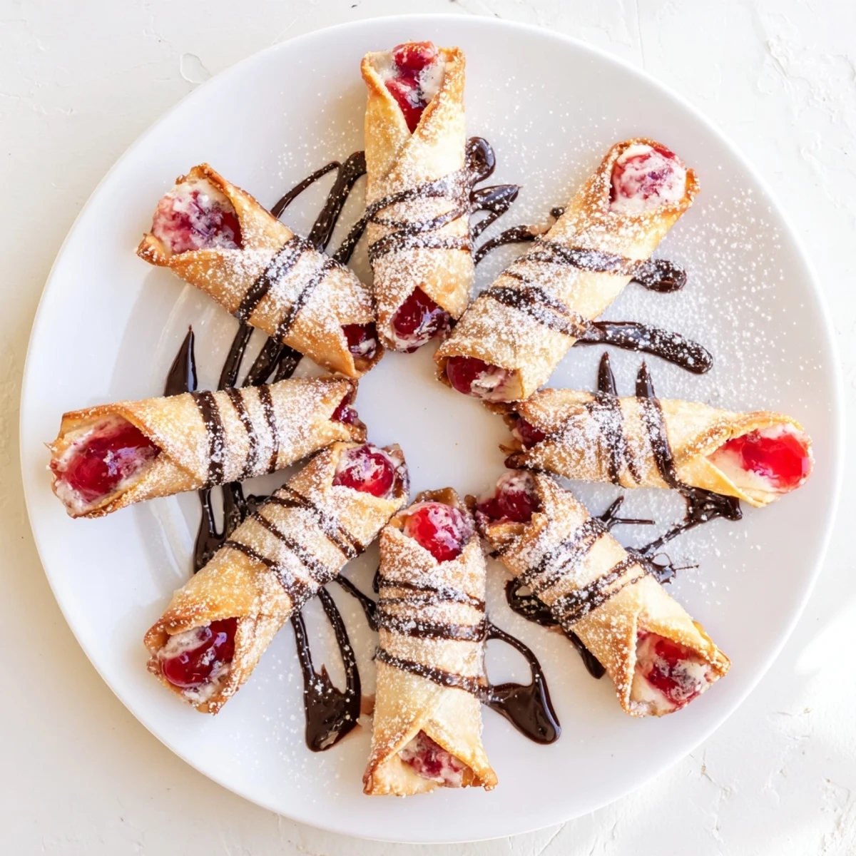 Golden cherry cheesecake egg rolls feature cherry filling and creamy cheesecake wrapped in crispy fried wrappers