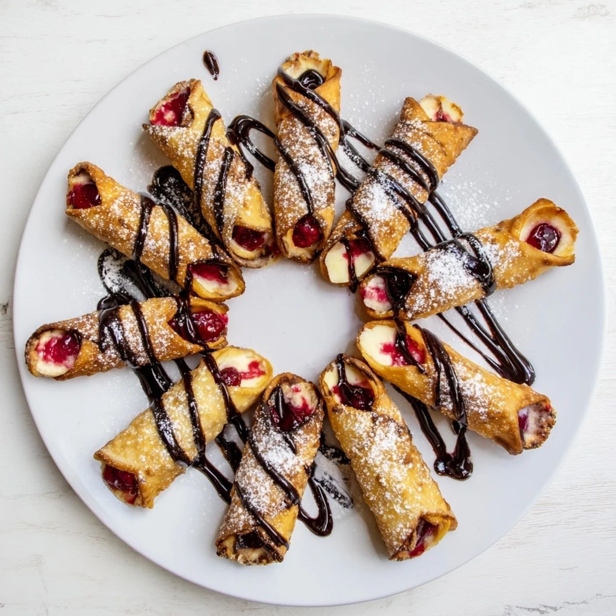 Crispy fried cherry cheesecake egg rolls sliced open revealing red cherry filling and creamy center