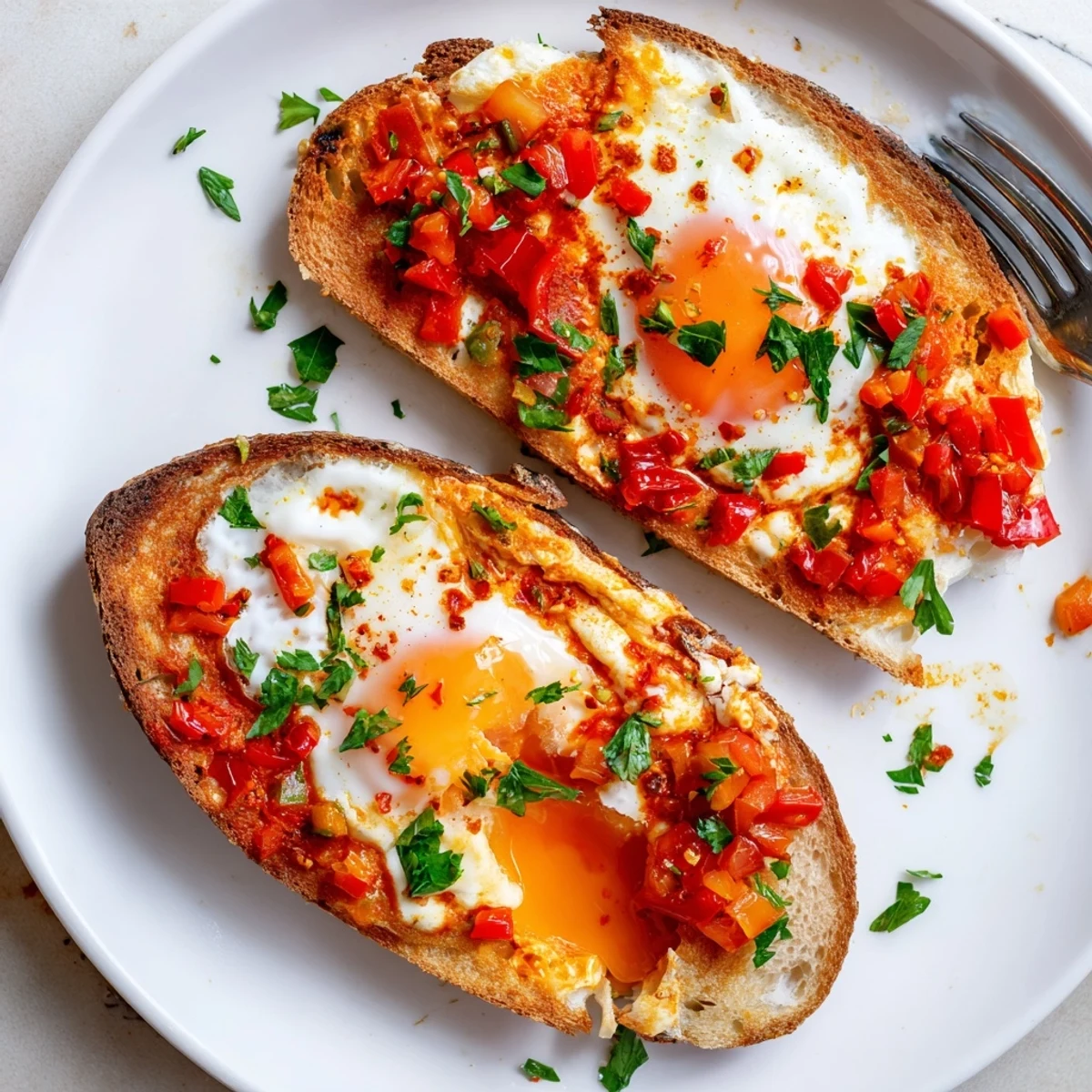 Golden shakshouka toast featuring runny poached eggs nestled in spiced tomato pepper sauce over crispy crusty bread